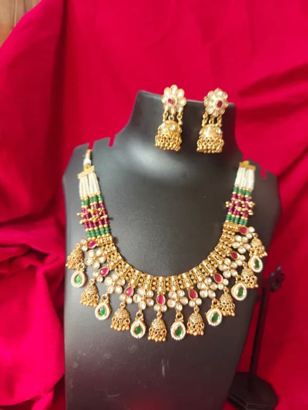 Rajwadi Minakari Choker Necklace Set with Ruby & Emerald Jhumkas — view 2 of 2