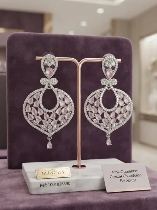 Silver Rose Pink AD Chandbali Earrings — view 3 of 3