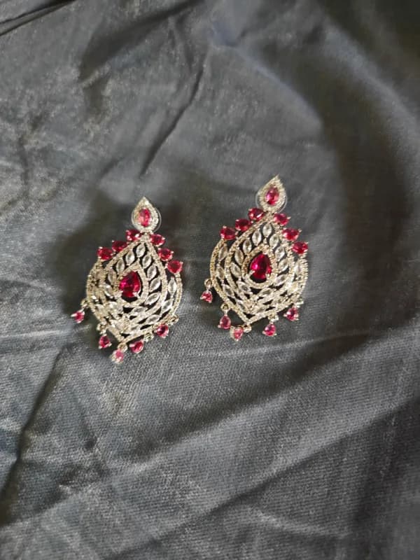 Silver & Ruby Red AD Leaf Teardrop Earrings — view 3 of 3