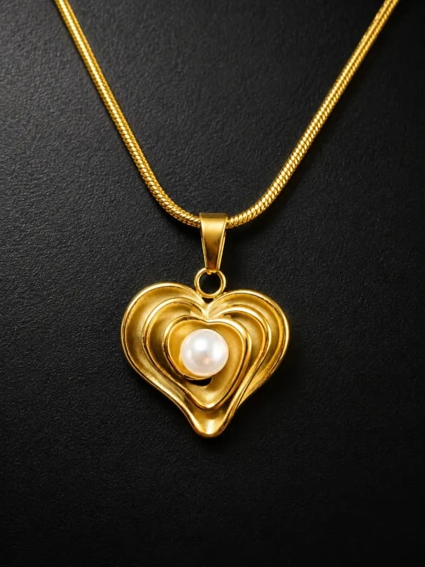 Heart with Pearl Pendant Necklace - Anti-Tarnish, Layered Heart Design — view 2 of 2