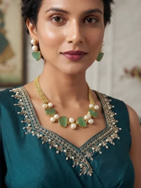 Meadow Bloom Green Stone & Pearl Necklace Set