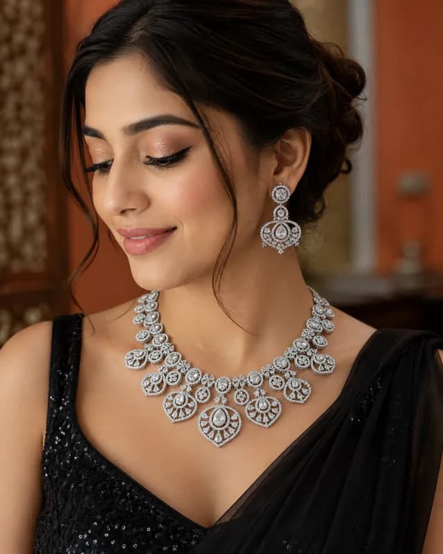 "Silver AD Crown Heart Necklace Set with Earrings & Tikka"
