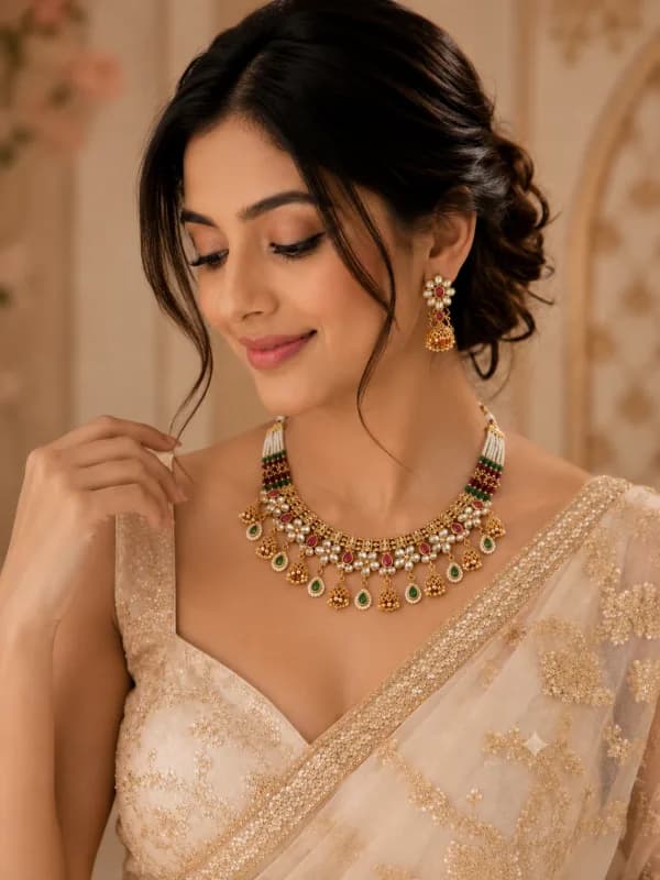 Rajwadi Minakari Choker Necklace Set with Ruby & Emerald Jhumkas