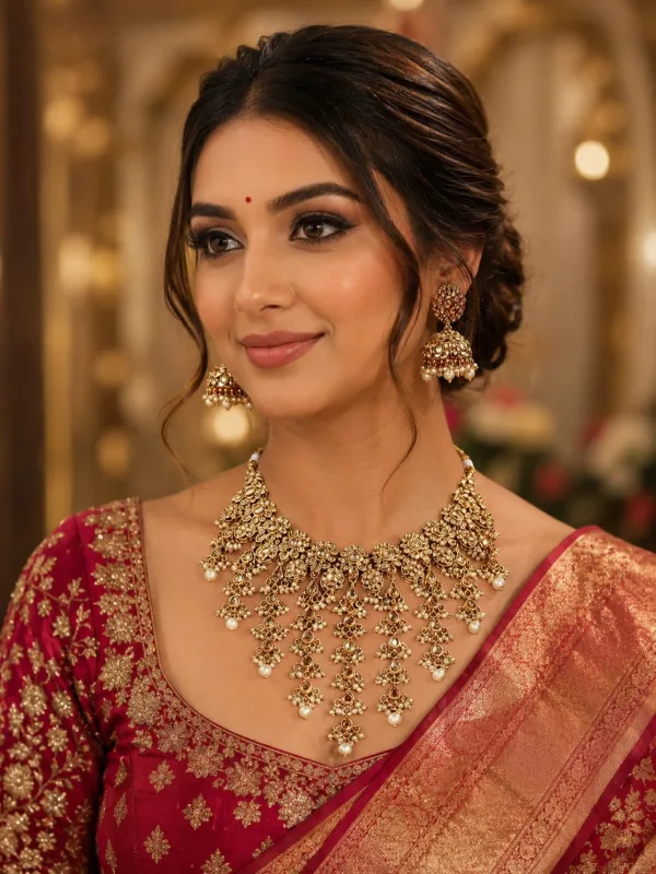 Kundan Waterfall Necklace Set with Earrings & Maang Tikka – Bridal Statement Jewelry Set — view 2 of 3