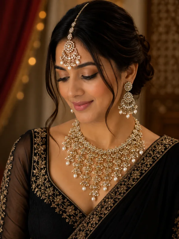 Kundan Waterfall Necklace Set with Earrings & Maang Tikka – Bridal Statement Jewelry Set