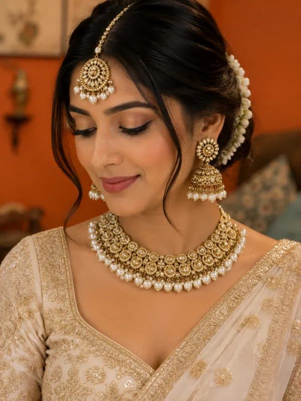 Kundan Choker Necklace Set with Jhumka Earrings & Maang Tikka โ Traditional Bridal Jewelry Set