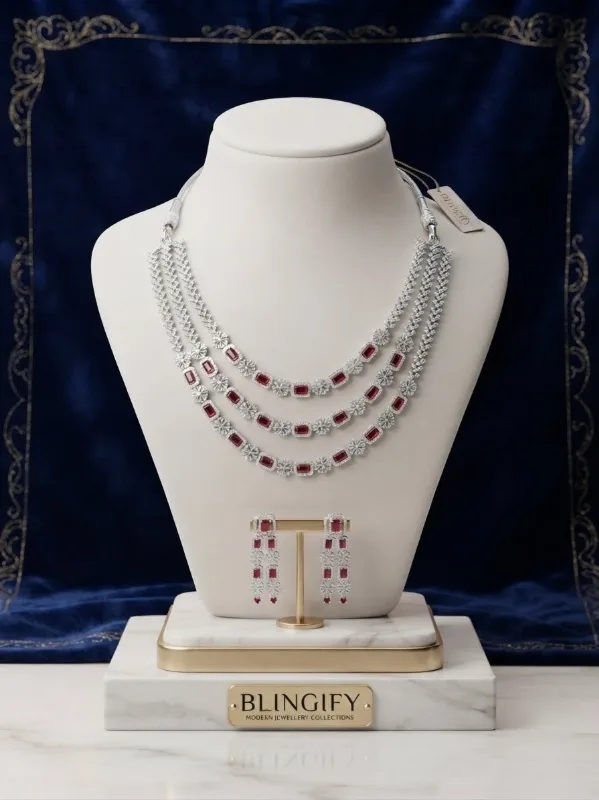 Multi-Layer American Diamond Necklace Set with Ruby Accents – 3-Strand Statement Jewelry Set — view 2 of 3