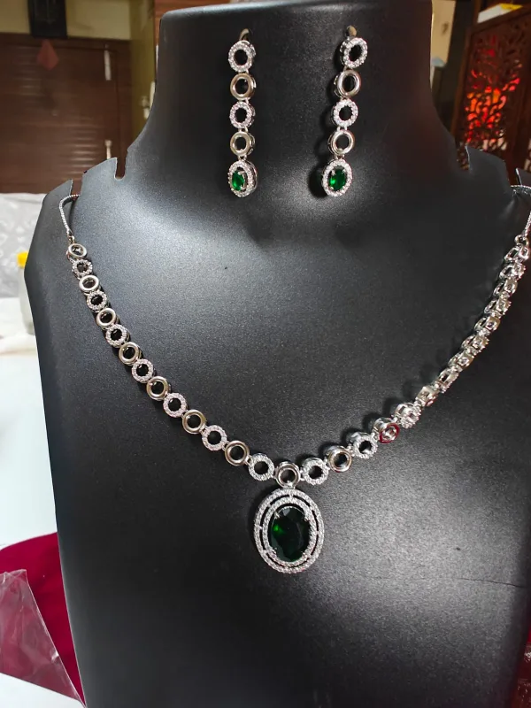 Emerald & Diamond-Style Halo Pendant Necklace Set – Rhodium Plated Statement Jewelry — view 2 of 3