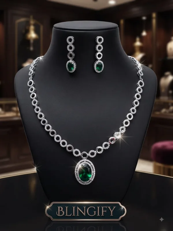 Emerald & Diamond-Style Halo Pendant Necklace Set – Rhodium Plated Statement Jewelry — view 3 of 3