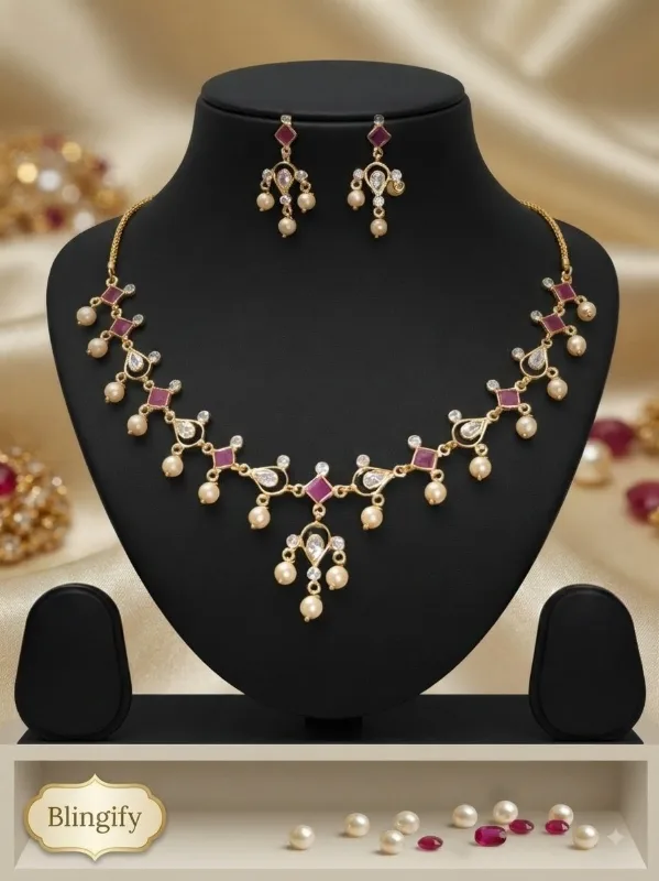 Gold-Toned Polki Necklace Set with Pearl Drops — view 3 of 4