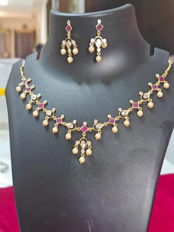 Gold-Toned Polki Necklace Set with Pearl Drops — view 4 of 4