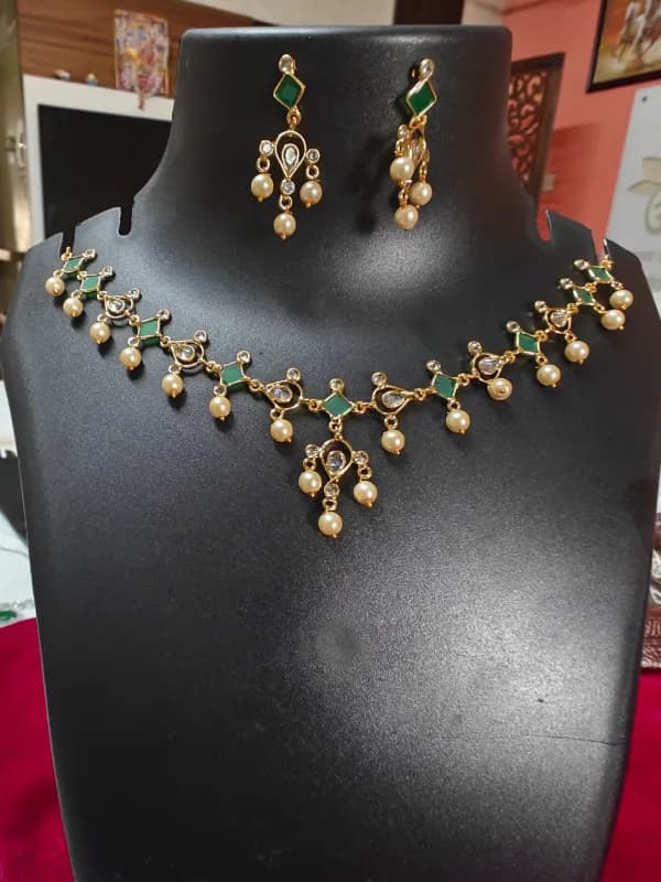 Gold-Toned Polki Necklace Set with Pearl Drops - Green necklace