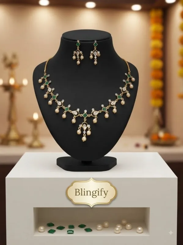 Gold-Toned Polki Necklace Set with Pearl Drops — view 3 of 3