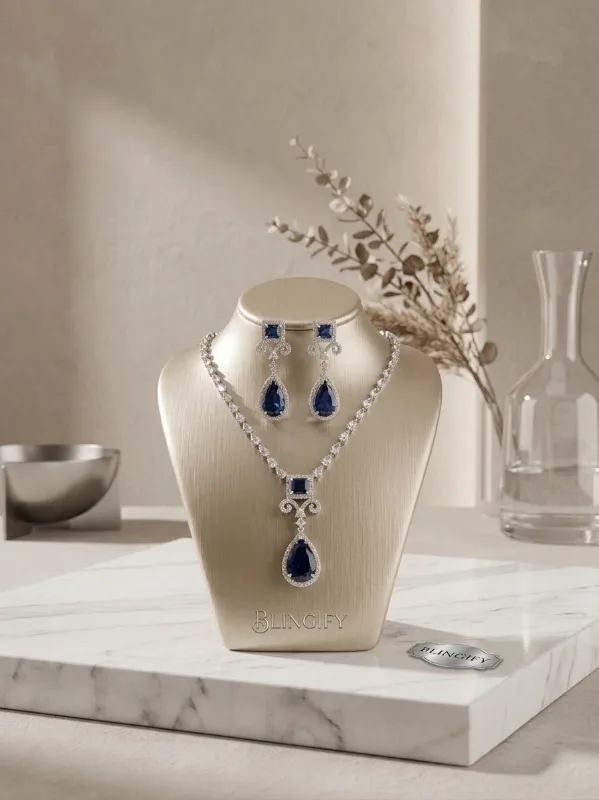 Sapphire Blue Teardrop Pendant Necklace Set – Vintage-Inspired CZ Jewelry with Matching Earrings — view 3 of 3