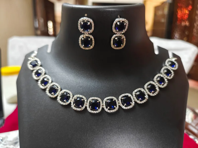 Blue Sapphire-Style Halo Choker Necklace Set – Rhodium Plated CZ Statement Jewelry — view 2 of 3
