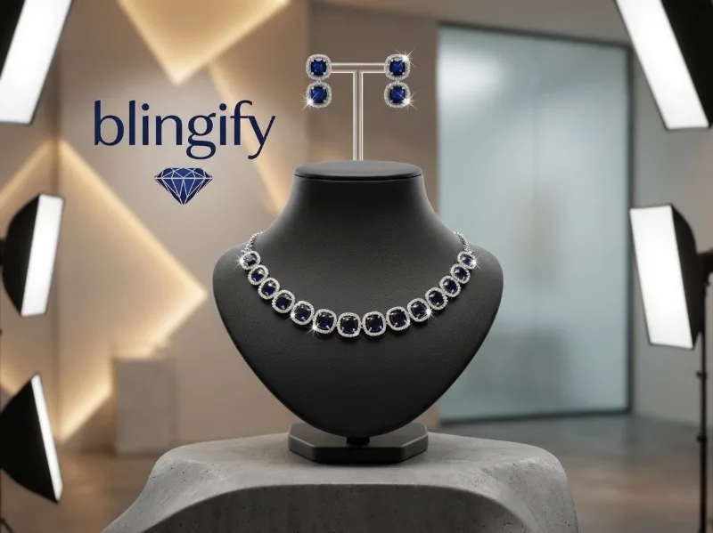 Blue Sapphire-Style Halo Choker Necklace Set – Rhodium Plated CZ Statement Jewelry — view 3 of 3