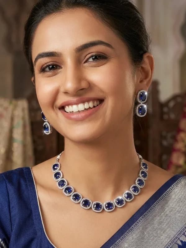 Blue Sapphire-Style Halo Choker Necklace Set – Rhodium Plated CZ Statement Jewelry