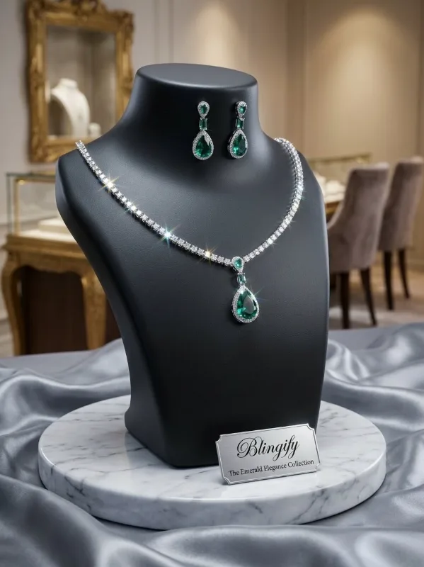 Silver-toned Rhinestone Tear Drop Necklace Sets - Green Tear drop