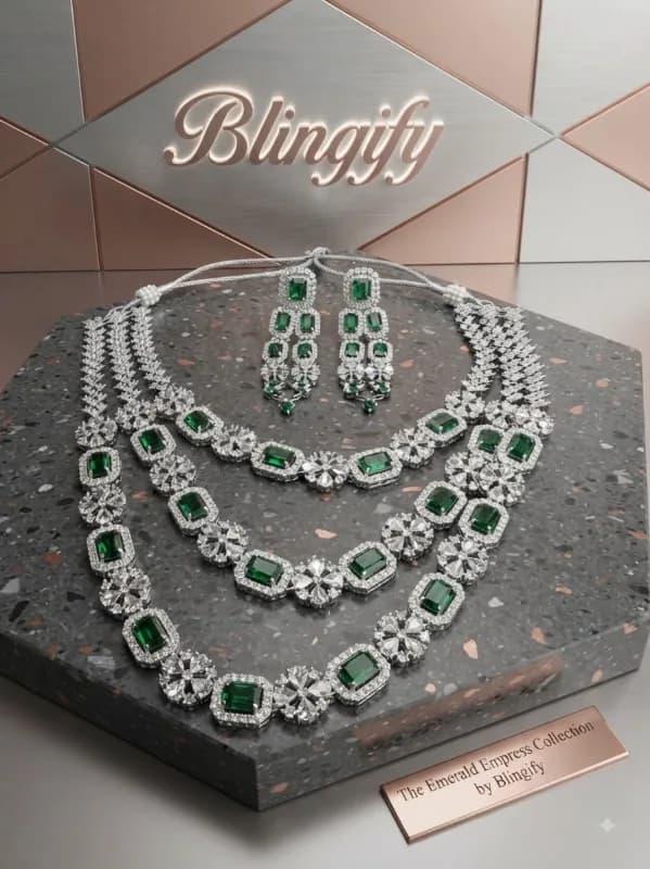 Multi-Layer American Diamond Necklace Set with Ruby Accents – 3-Strand Statement Jewelry Set — view 2 of 3