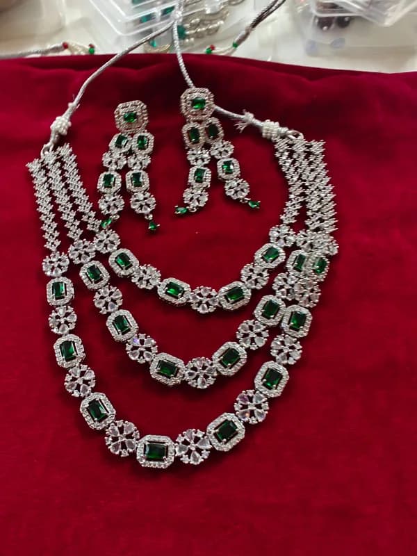 Multi-Layer American Diamond Necklace Set with Ruby Accents – 3-Strand Statement Jewelry Set — view 3 of 3