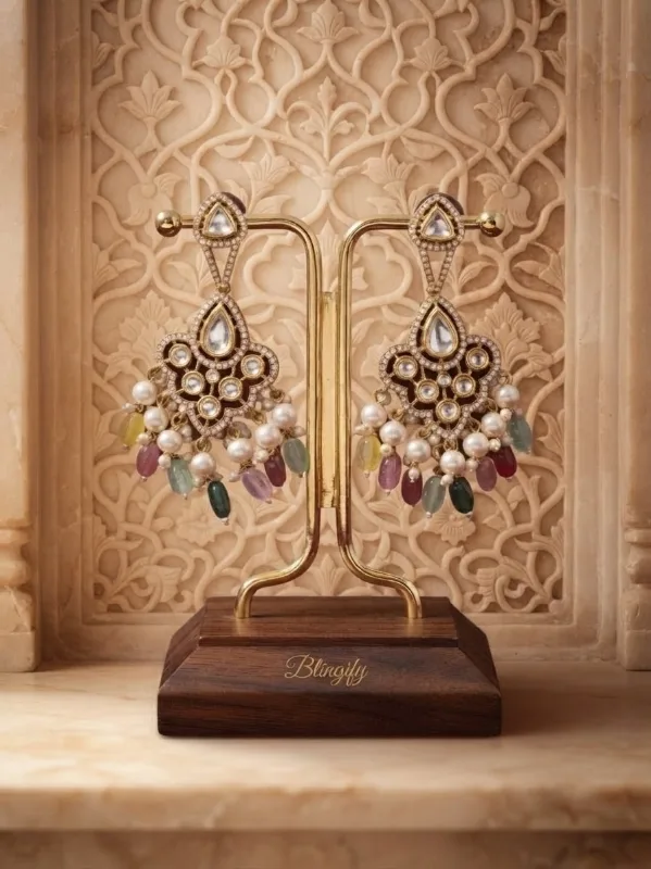 Kundan Multicolor Beaded Chandbali Earrings — view 2 of 3