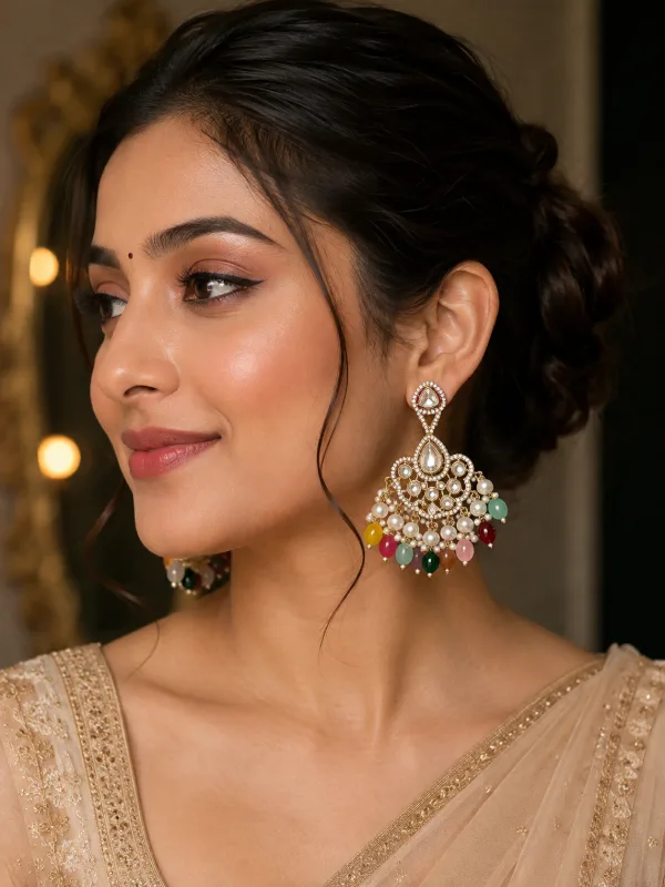 Kundan Multicolor Beaded Chandbali Earrings