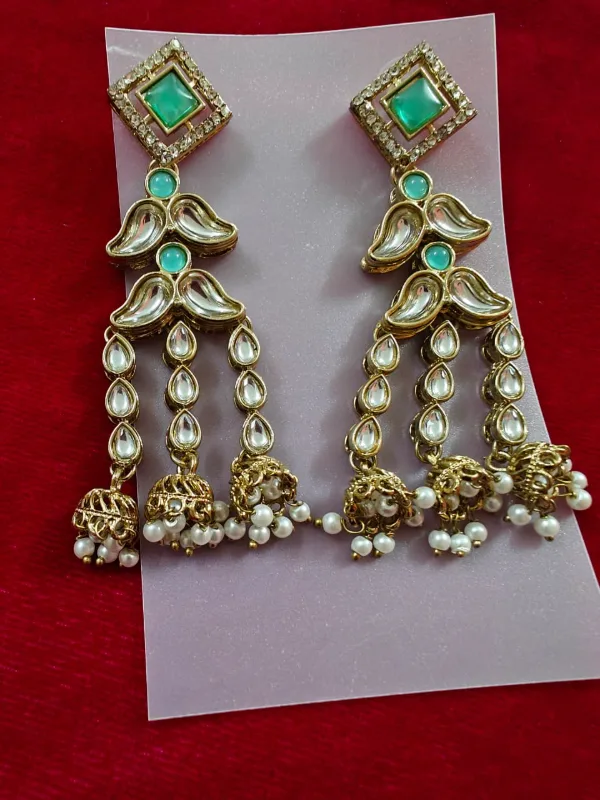 Triple Jhumka Kundan Earrings with Mint Green Accents — view 2 of 3