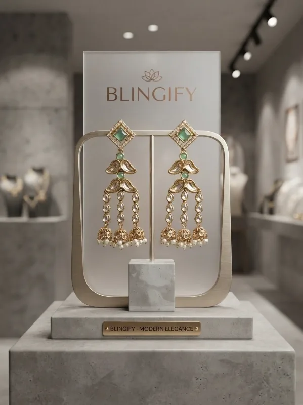 Triple Jhumka Kundan Earrings with Mint Green Accents