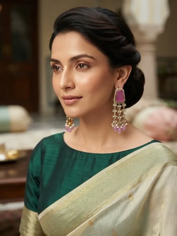 Kundan Purple Emerald-Cut Tassel Earrings — view 2 of 3