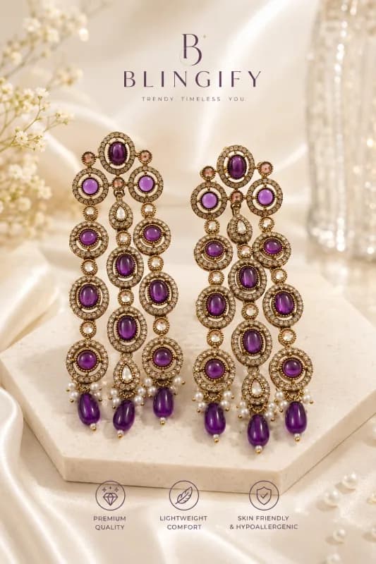 3-String Statement Earrings - Purple