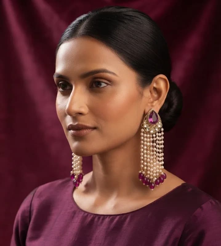 Meera Pearl Tassel Kundan Earrings - Elegance That Cascades — view 2 of 2