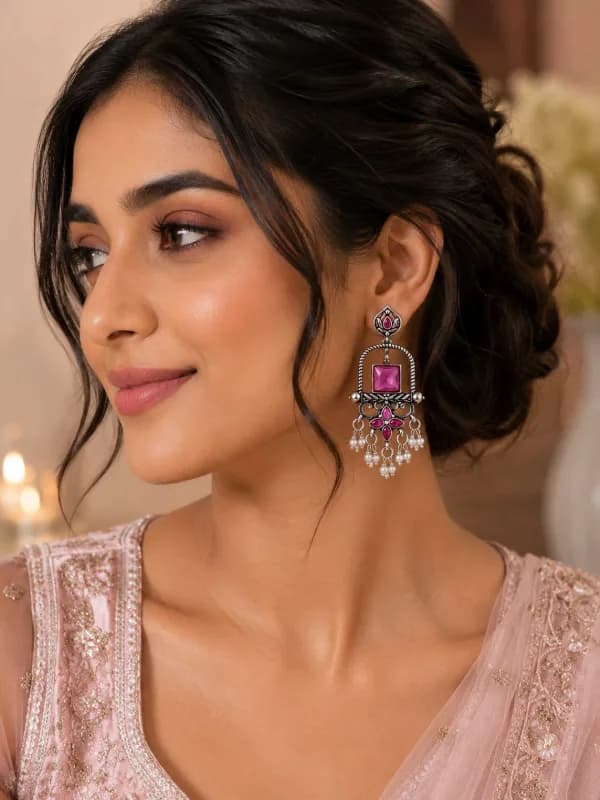 Oxidised Silver Lotus Chandbali Earrings — view 2 of 2