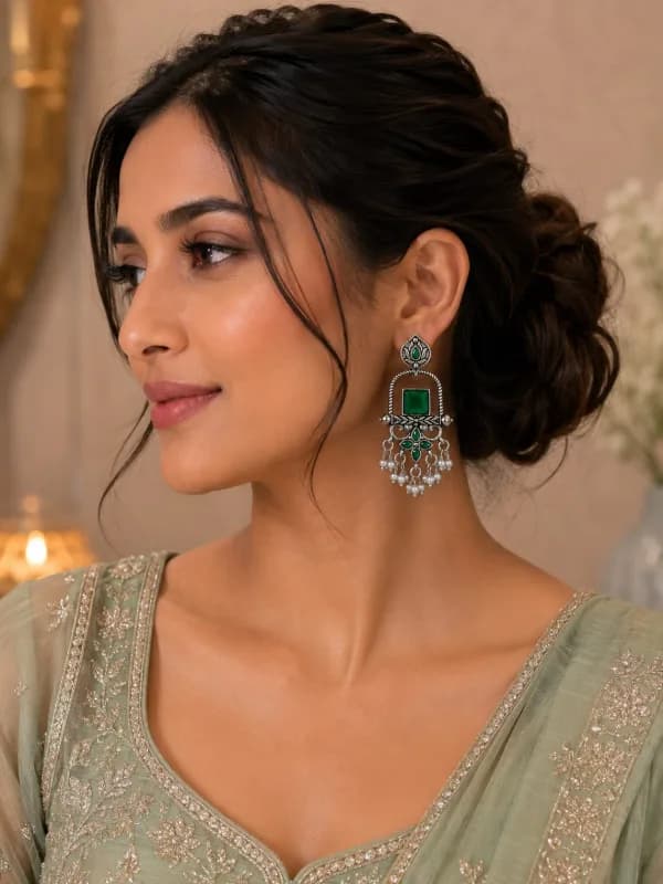 Oxidised Silver Lotus Chandbali Earrings