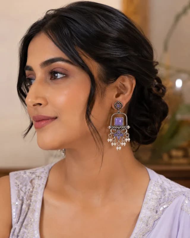 Oxidised Silver Lotus Chandbali Earrings