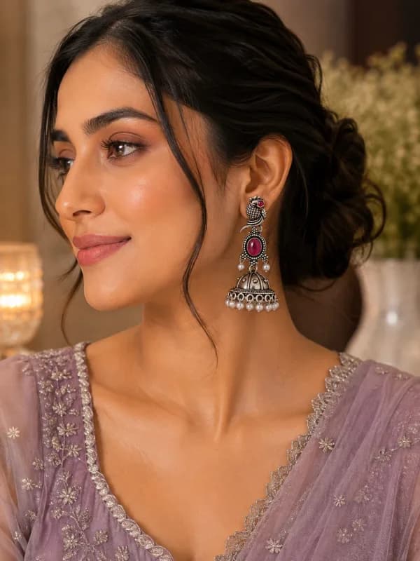 Oxidised Silver Peacock Jhumka Earrings