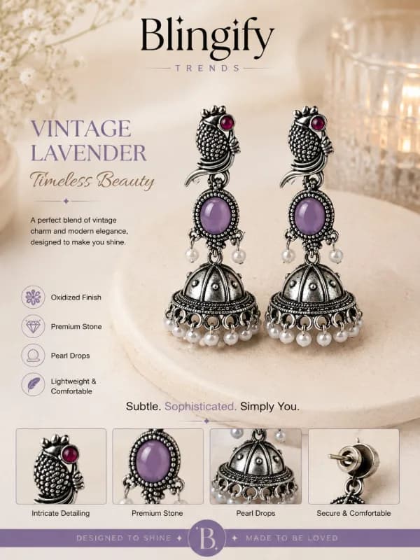 Oxidised Silver Peacock Jhumka Earrings — view 2 of 2