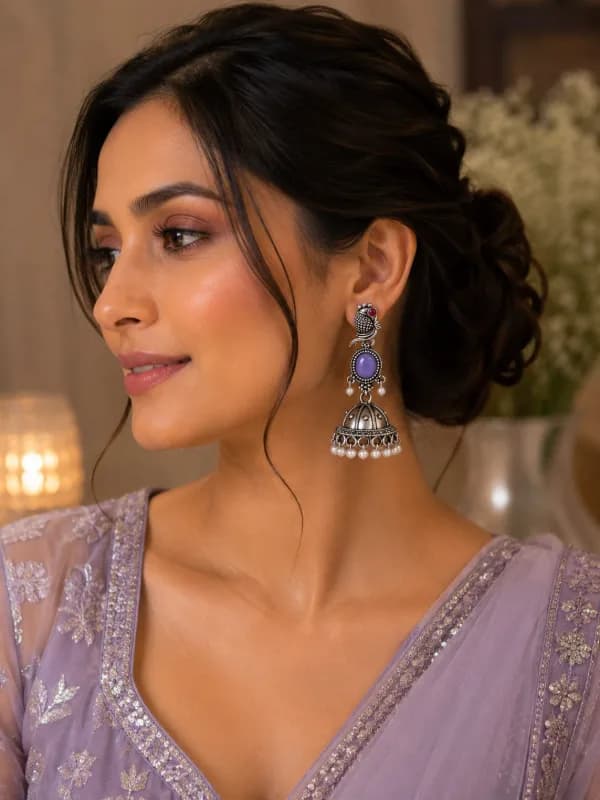 Oxidised Silver Peacock Jhumka Earrings