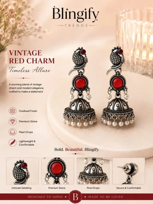 Oxidised Silver Peacock Jhumka Earrings — view 2 of 4