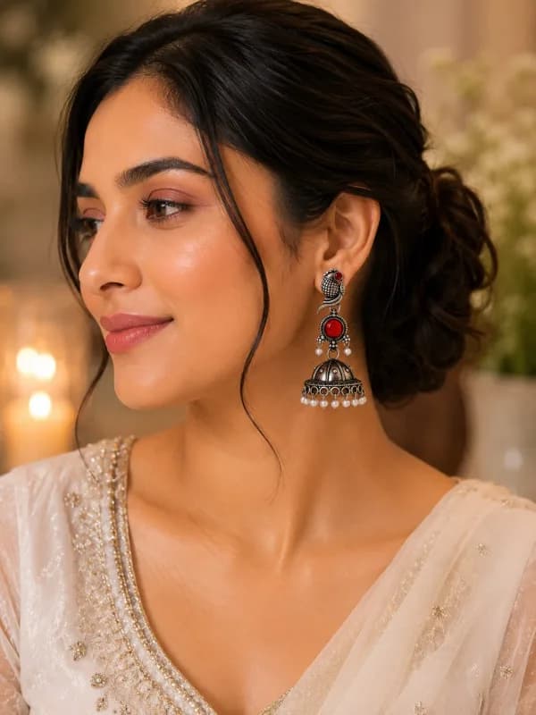 Oxidised Silver Peacock Jhumka Earrings — view 3 of 4