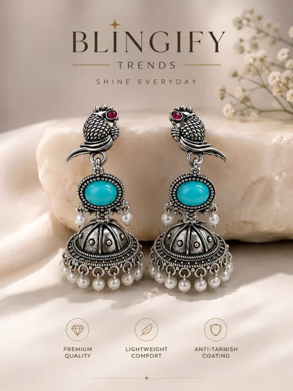 Oxidised Silver Peacock Jhumka Earrings — view 2 of 2