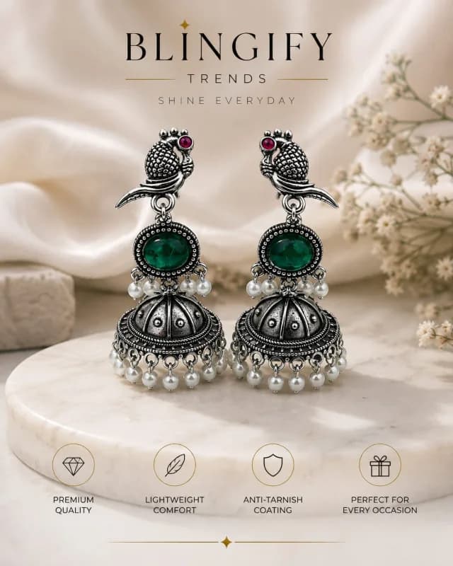 Oxidised Silver Peacock Jhumka Earrings — view 2 of 2
