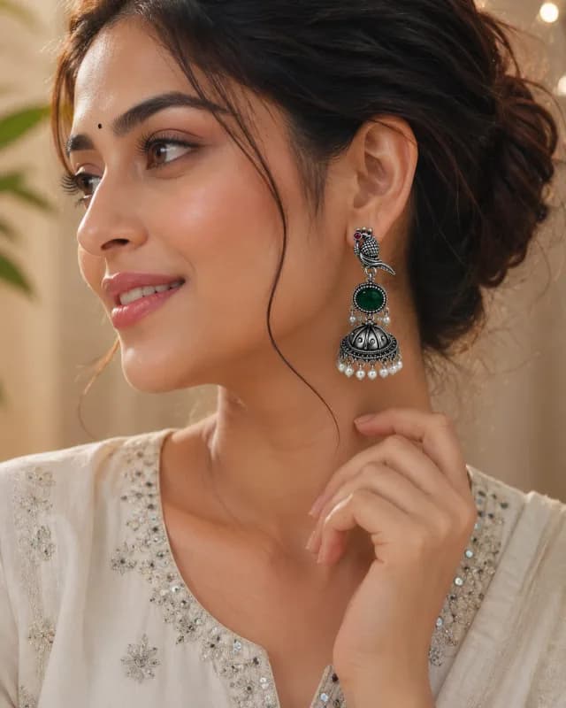 Oxidised Silver Peacock Jhumka Earrings