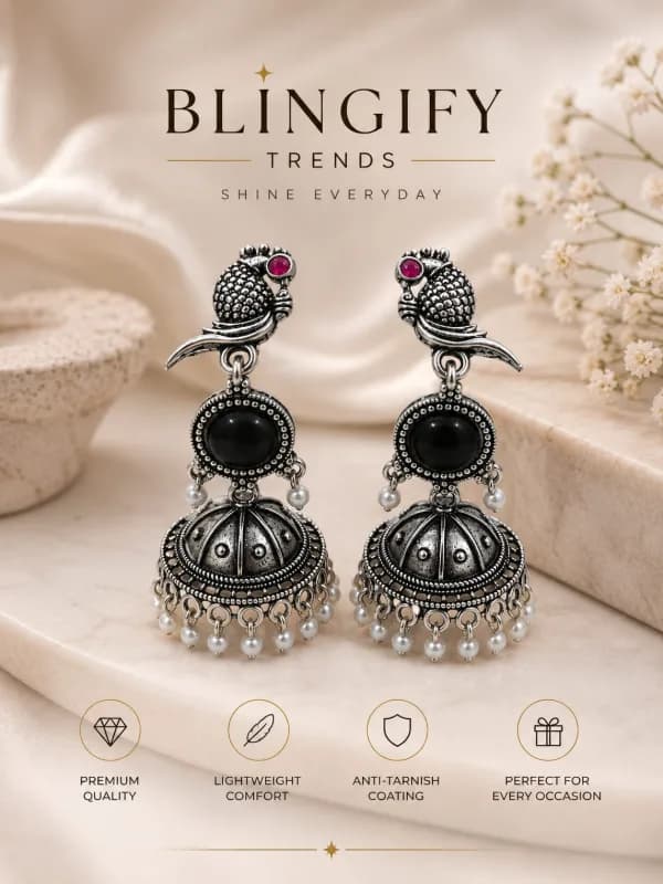 Oxidised Silver Peacock Jhumka Earrings