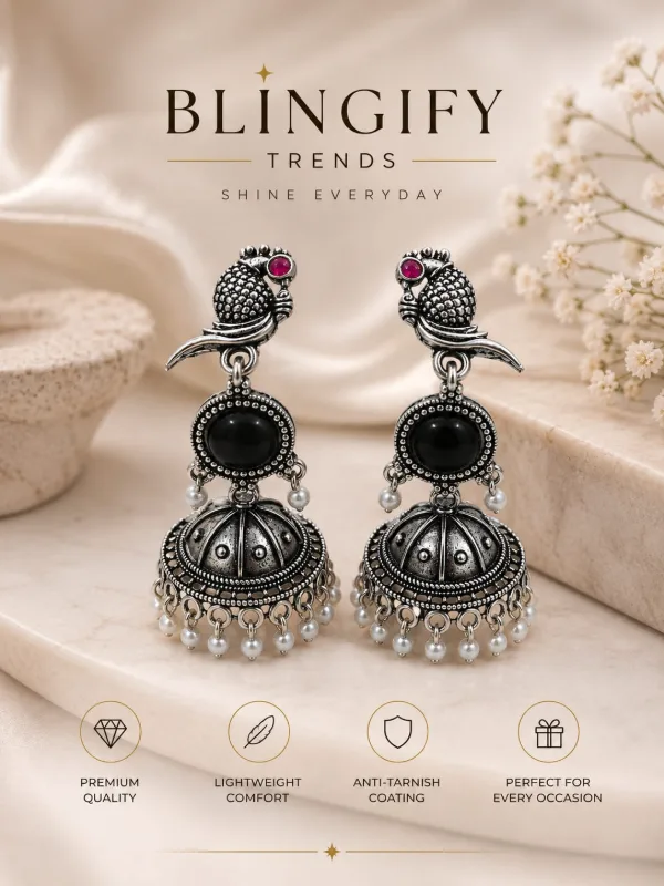 Oxidised Silver Peacock Jhumka Earrings