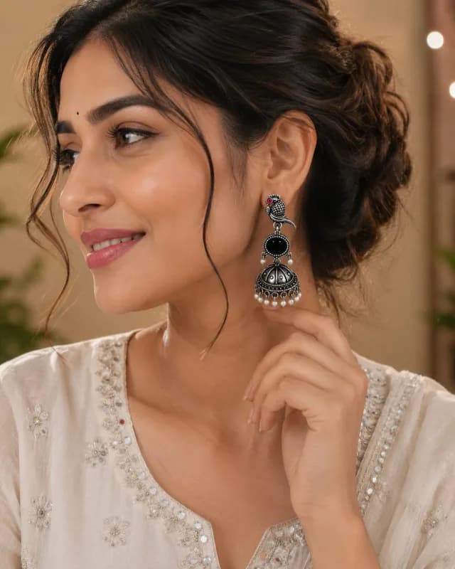 Oxidised Silver Peacock Jhumka Earrings — view 2 of 2