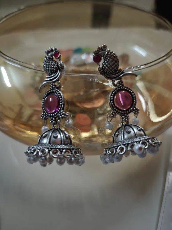 Oxidised Silver Peacock Jhumka Earrings