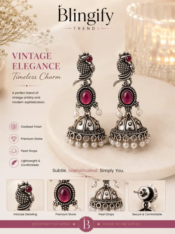 Oxidised Silver Peacock Jhumka Earrings — view 4 of 4