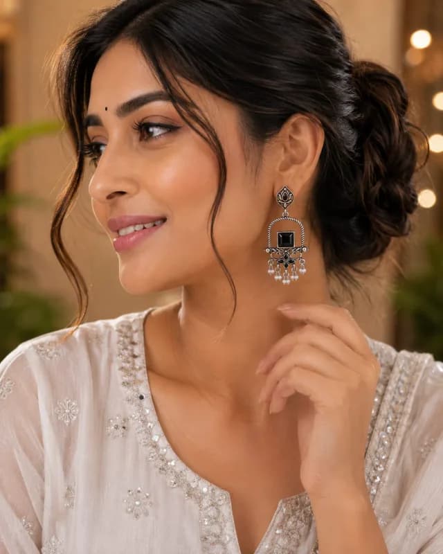 Oxidised Silver Lotus Chandbali Earrings