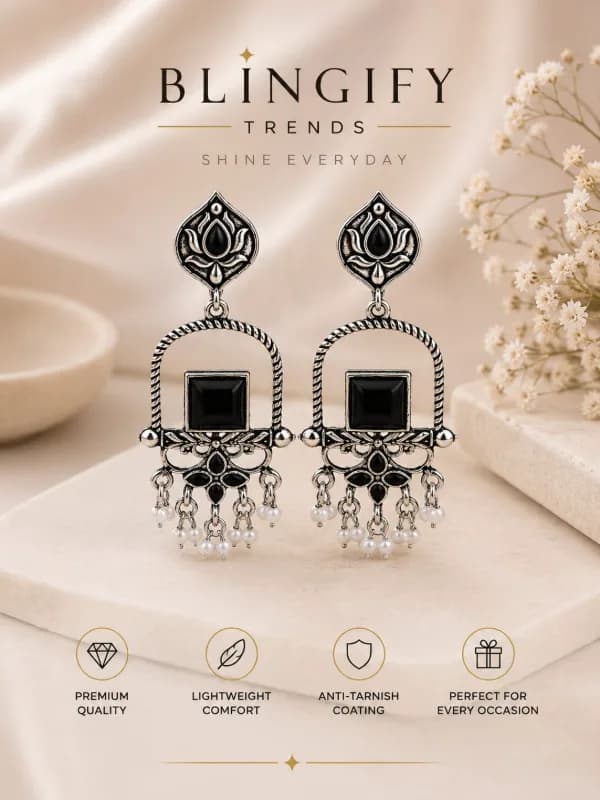 Oxidised Silver Lotus Chandbali Earrings — view 2 of 2