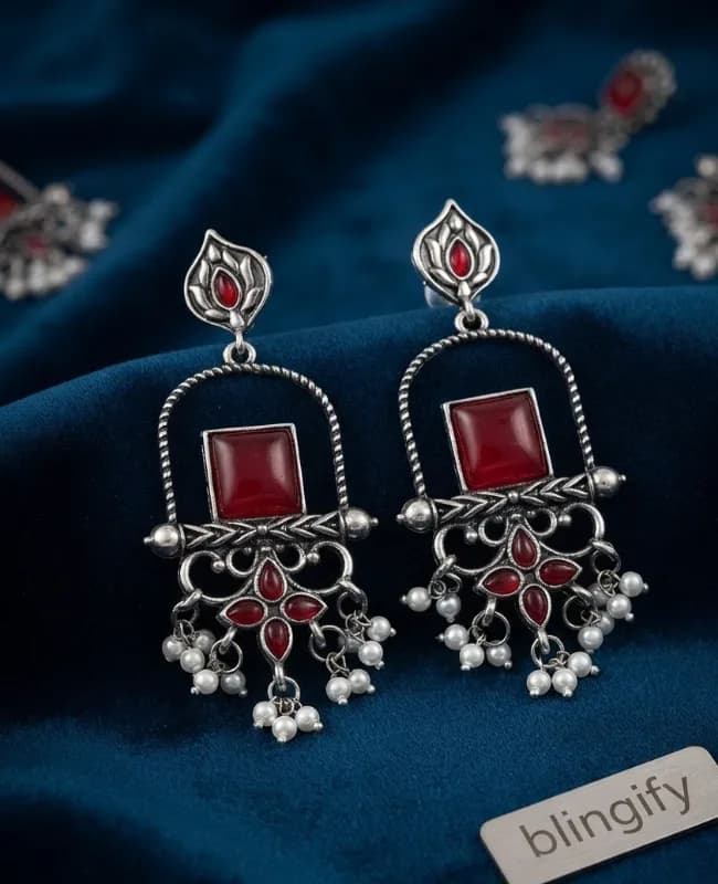 Oxidised Silver Lotus Chandbali Earrings — view 2 of 2